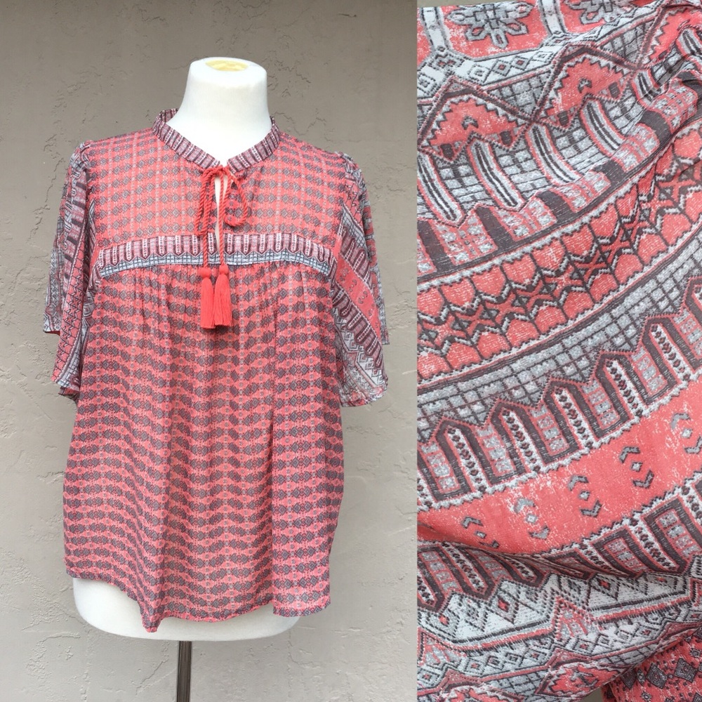 NWT Lucky Brand Sheer Blouse Boho Coral Aztec